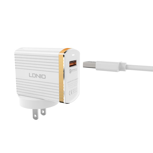 LDNIO A1302Q 2 in 1 18W QC3.0 USB Interface Grid Shape Travel Charger Mobile Phone Charger with 8 Pin Data Cable, US Plug by LDNIO