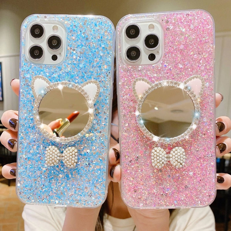 For iPhone 12 Pro Max Starry Sequin Diamond Cat Ears Mirror Epoxy TPU Phone Case(Pink) - iPhone 12 Pro Max Cases by buy2fix | Online Shopping UK | buy2fix