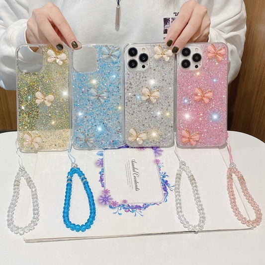 For iPhone 15 Pro Max Starry Sequin Jade Butterfly Epoxy TPU Phone Case with Strap(Pink) - iPhone 15 Pro Max Cases by buy2fix | Online Shopping UK | buy2fix