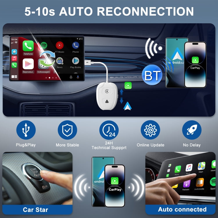 THT-020-9-1 USB + USB-C / Type-C Wired to Wireless Carplay / Android Auto Adapter(White) - Bluetooth Adapters by buy2fix | Online Shopping UK | buy2fix