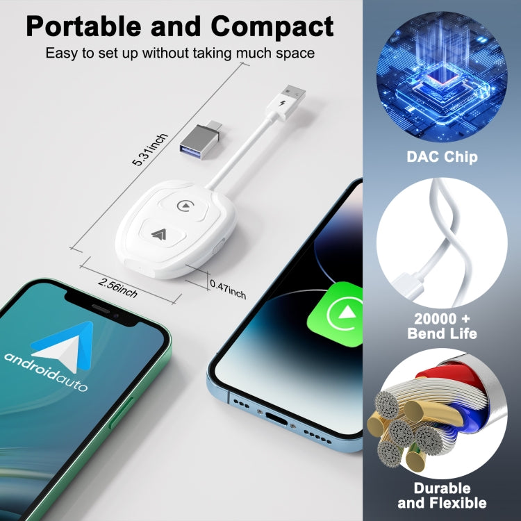 THT-020-9-1 USB + USB-C / Type-C Wired to Wireless Carplay / Android Auto Adapter(White) - Bluetooth Adapters by buy2fix | Online Shopping UK | buy2fix