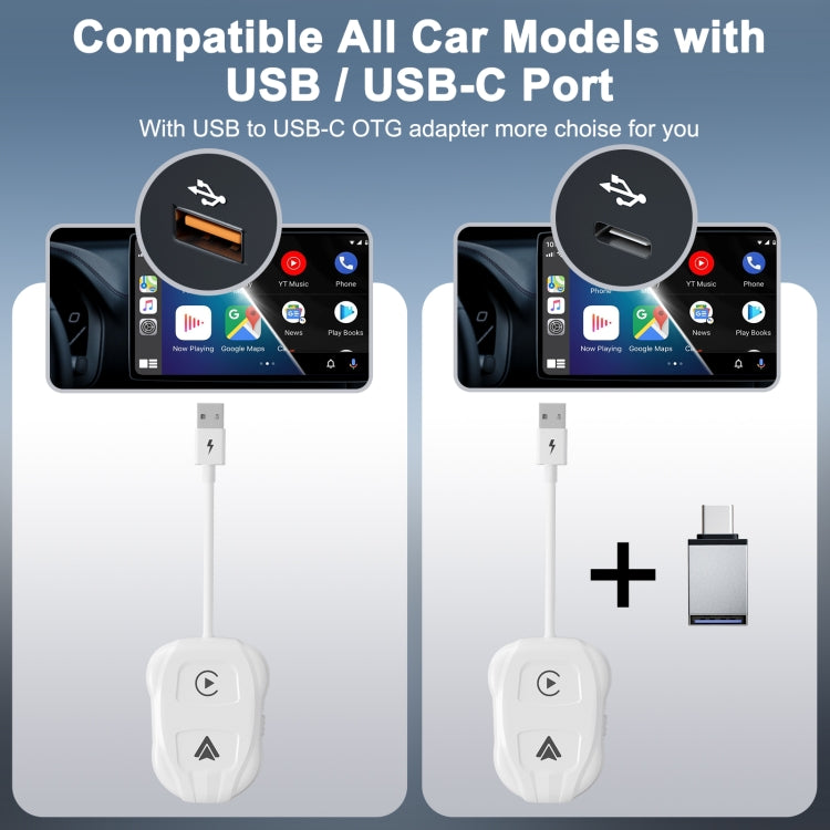 THT-020-9 USB + USB-C / Type-C Wired to Wireless Carplay / Android Auto Adapter(White) - Bluetooth Adapters by buy2fix | Online Shopping UK | buy2fix