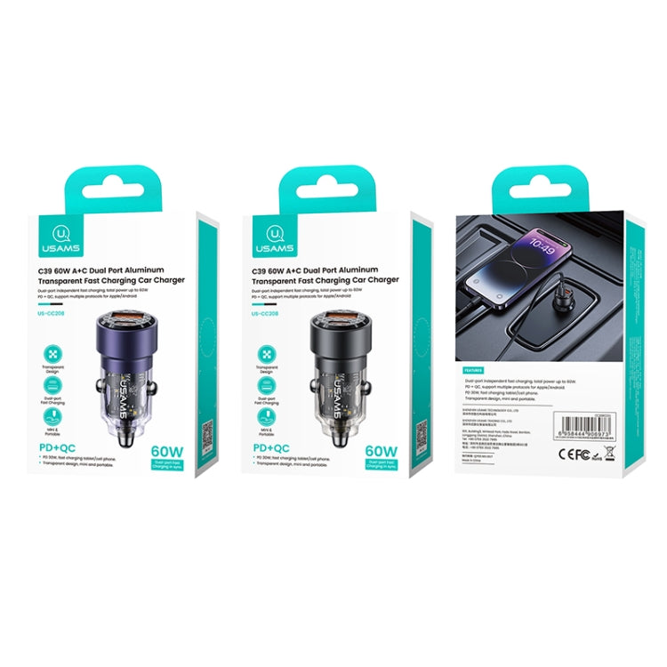 USAMS US-CC208 C39 60W USB + Type-C Dual Port Fast Charging Aluminum Alloy Transparent Car Charger(Purple) by USAMS