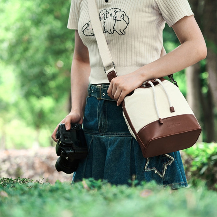 Cwatcun D100 Canvas PU Waterproof Bundle Drawstring Lens Bag Crossbody Camera Bag, Size:22 x 12 x 31cm(Beige) by Cwatcun