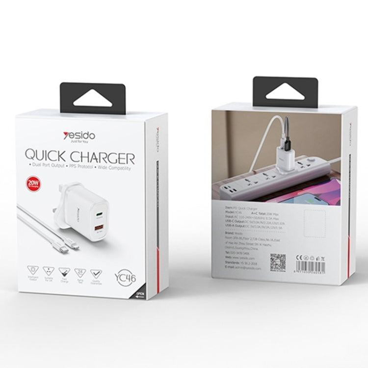 Yesido YC46 PD20W USB-C / Type-C + USB Travel Charger with 1m Type-C to 8 Pin Cable, UK Plug(White) by Yesido