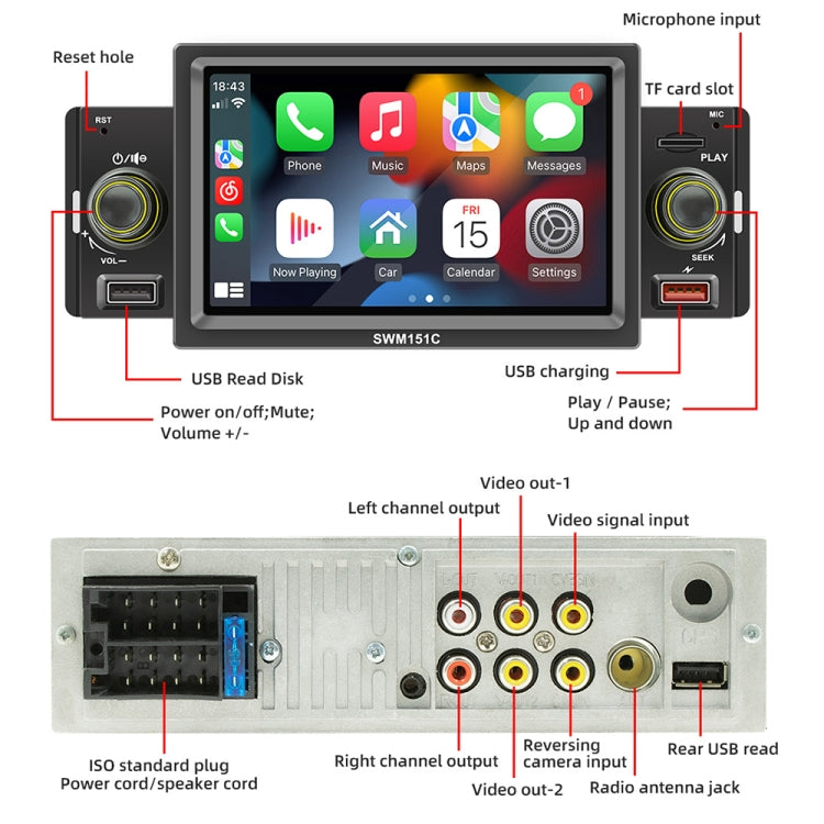 SWM151C 5 inch Portable Car MP5 Player Support CarPlay / Android Auto(Black) - Car MP3 & MP4 & MP5 by buy2fix | Online Shopping UK | buy2fix