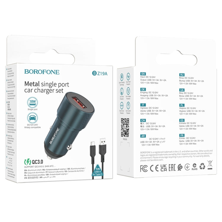 BOROFONE BZ19A Wisdom QC3.0 USB Port Fast Charging Car Charger with USB to Type-C Cable(Blue) - Car Charger by Borofone | Online Shopping UK | buy2fix