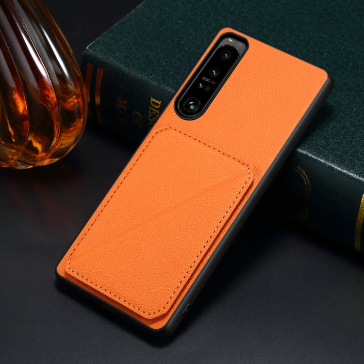 For Sony Xperia 1 IV Denior Imitation Calf Leather Back Phone Case with Holder(Orange) by Denior