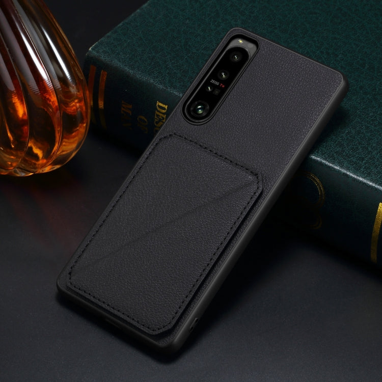 For Sony Xperia 1 V Denior Imitation Calf Leather Back Phone Case with Holder(Black) by Denior