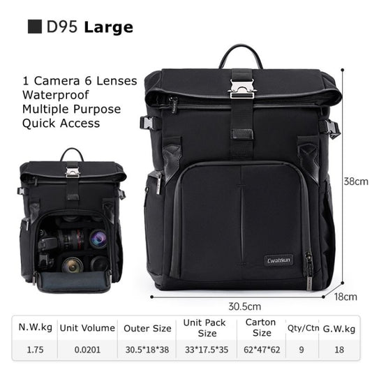 Cwatcun D95 Large Capacity Photography Backpack Shoulders Laptop Camera Bag, Size:30.5 x 18 x 38cm(Dark Black) by Cwatcun