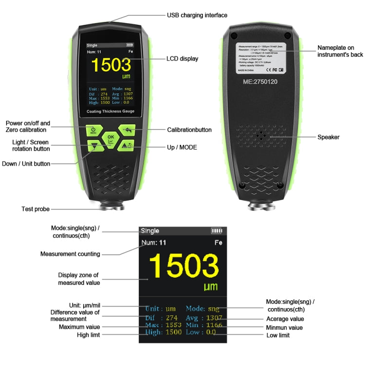 RZ860 Metal Coating Thickness Gauge(Green) - Coating Thickness Gauge by buy2fix | Online Shopping UK | buy2fix