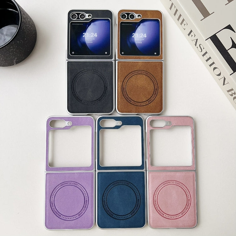 For Samsung Galaxy Z Flip5 Skin Feel Leather Texture MagSafe Pearlescent Paint Shockproof Phone Case(Pink) by buy2fix