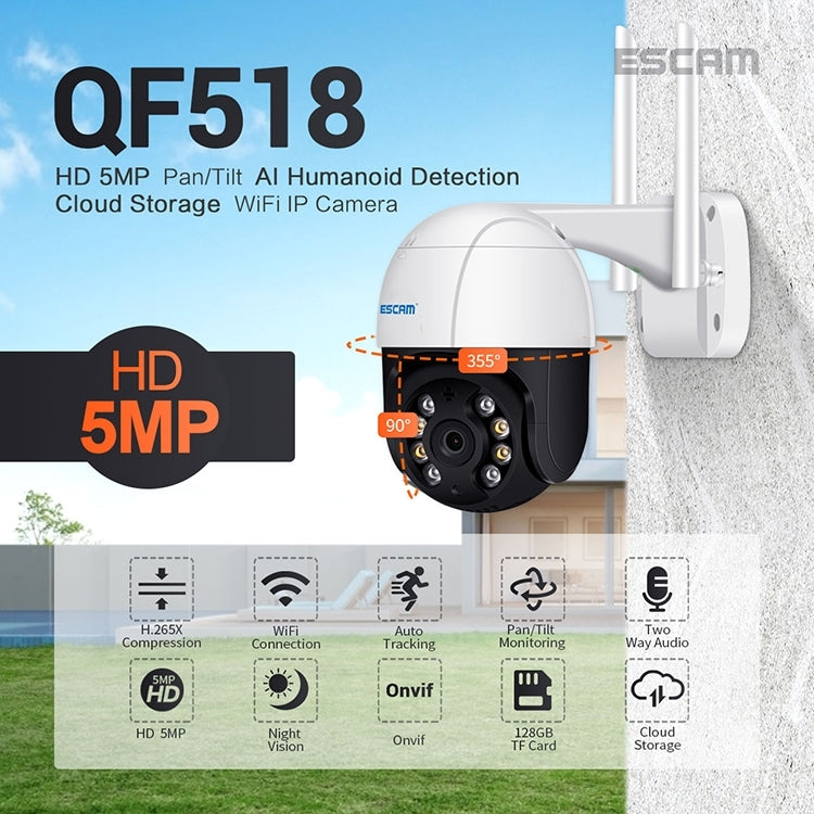 ESCAM QF518 5MP Smart WiFi IP Camera, Support AI Humanoid Detection / Auto Tracking / Dual Light Night Vision / Cloud Storage / Two Way Audio / TF Card, Plug:AU Plug(White) by ESCAM