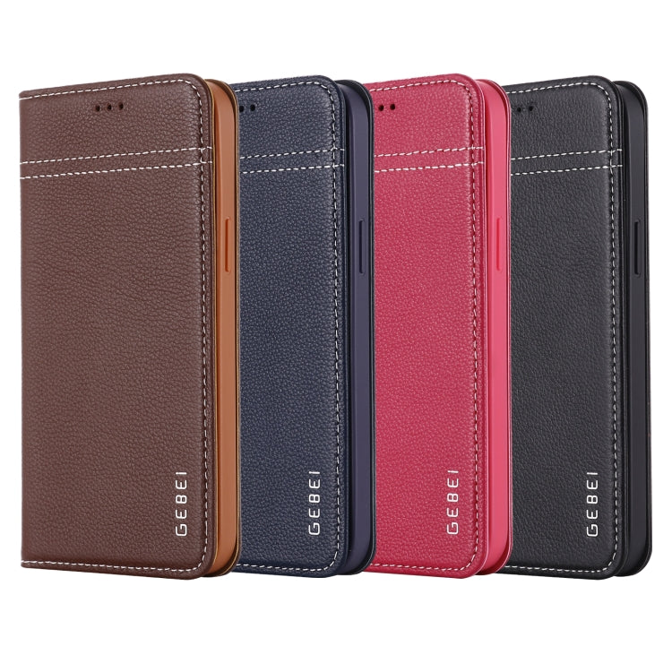 For iPhone 12 / 12 Pro GEBEI Top-grain Leather Horizontal Flip Protective Case with Holder & Card Slots(Rose Red) by GEBEI