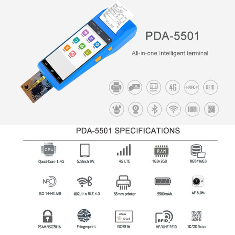 PDA-5501 Multi-function 5.5 inch IPS Screen IP65 Protection All-in-one Intelligent Terminal, Built-in Thermal Line Printer & MIC & Speaker, Support WiFi & Bluetooth & GPS(Blue) - Receipt Printers by buy2fix | Online Shopping UK | buy2fix
