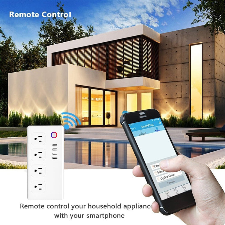 4 x USB Ports + 4 x US Plug Jack WiFi Remote Control Smart Power Socket Works with Alexa & Google Home, AC 110-240V, US Plug - Smart Socket by buy2fix | Online Shopping UK | buy2fix