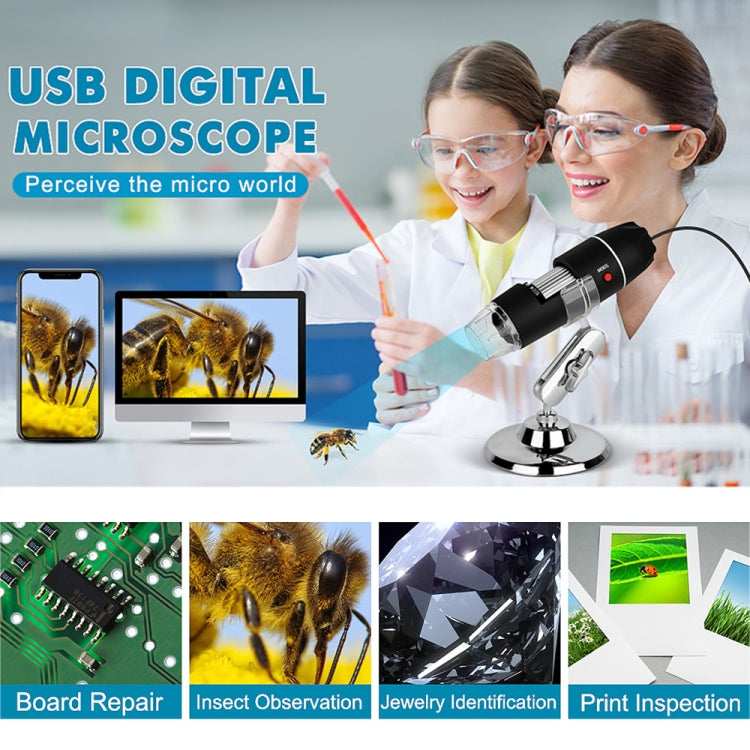 1600X Magnifier HD Image Sensor 3 in 1 USB Digital Microscope with 8 LED & Professional Stand (Black) by buy2fix