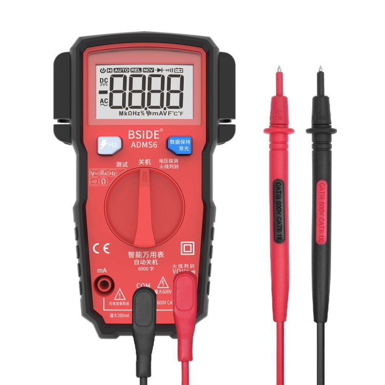 BSIDE ADMS6 High-precision Fully Automatic Small Digital Intelligent Multimeter with HD Digital Display & Shockproof Cover, Support Function Range Switch & Double-sided Pen Holder (Red) - Digital Multimeter by buy2fix | Online Shopping UK | buy2fix