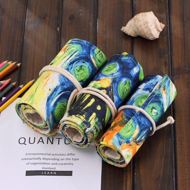48 Slots Van Gogh Oil Painting Print Pen Bag Canvas Pencil Wrap Curtain Roll Up Pencil Case Stationery Pouch by buy2fix