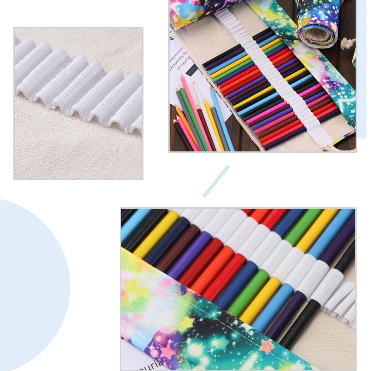 48 Slots Starry Sky Print Pen Bag Canvas Pencil Wrap Curtain Roll Up Pencil Case Stationery Pouch by buy2fix