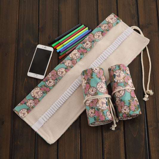 36 Slots Rose Clock Print Pen Bag Canvas Pencil Wrap Curtain Roll Up Pencil Case Stationery Pouch - Pen Holder by buy2fix | Online Shopping UK | buy2fix