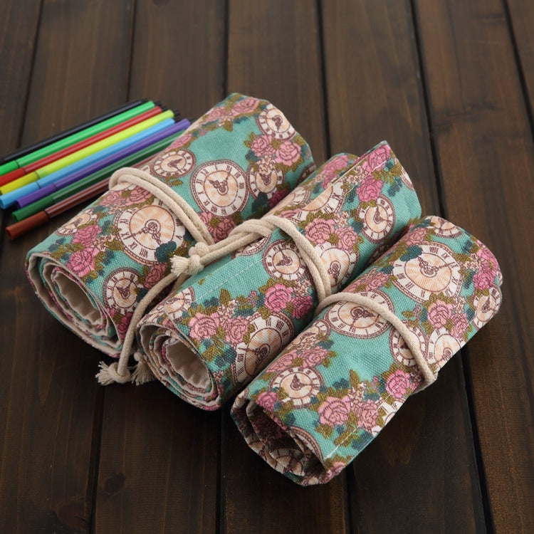 36 Slots Rose Clock Print Pen Bag Canvas Pencil Wrap Curtain Roll Up Pencil Case Stationery Pouch by buy2fix