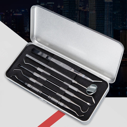 6 in 1 Dental Tool Set (Stainless Steel Probe + Hoe-shaped Dentist + Sickle Dentist + Tooth Stain Rejection Device + Dental Tweezers + Mouth Mirror) by buy2fix