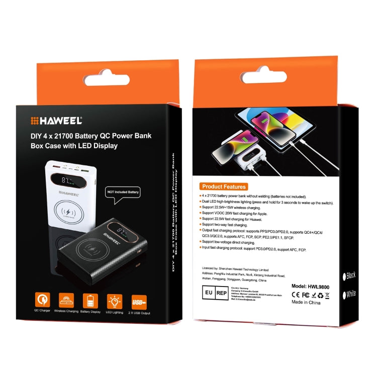 HAWEEL DIY 4 x 21700 Battery 22.5W Fast Charge 15W Wireless Charging Power Bank Box Case with Display, Not Include Battery (Black) by HAWEEL