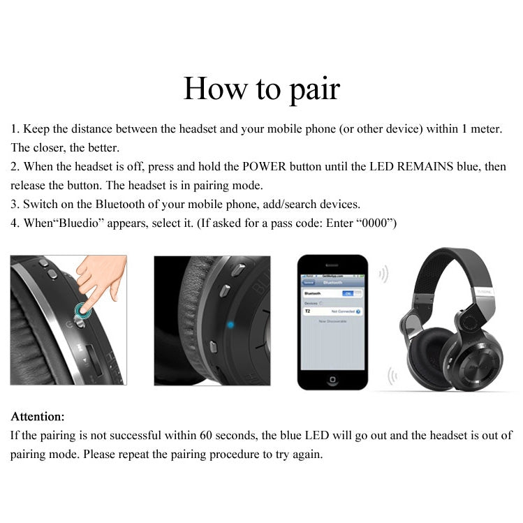 Bluedio T2+ Turbine Wireless Bluetooth 4.1 Stereo Headphones Headset with Mic & Micro SD Card Slot & FM Radio, For iPhone, Samsung, Huawei, Xiaomi, HTC and Other Smartphones, All Audio Devices(Black) - Headset & Headphone by Bluedio | Online Shopping UK | buy2fix