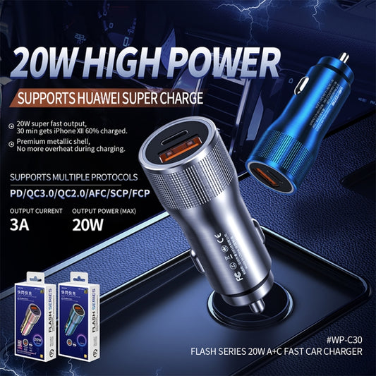 WK WP-C30 20W QC3.0 USB + PD UB-C / Type-C Interface Flash Series Car Fast Charger(Silver) by WK