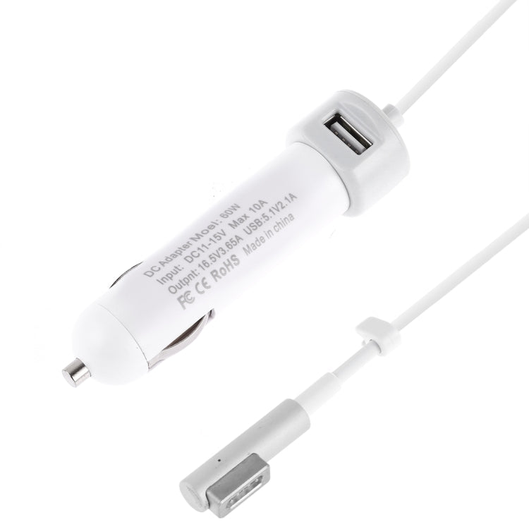 60W 5.1V 2.1A USB Interface Car Charger with 16.5V 3.65A L MagSafe Interface Data Cable(White) - Car Charger by buy2fix | Online Shopping UK | buy2fix