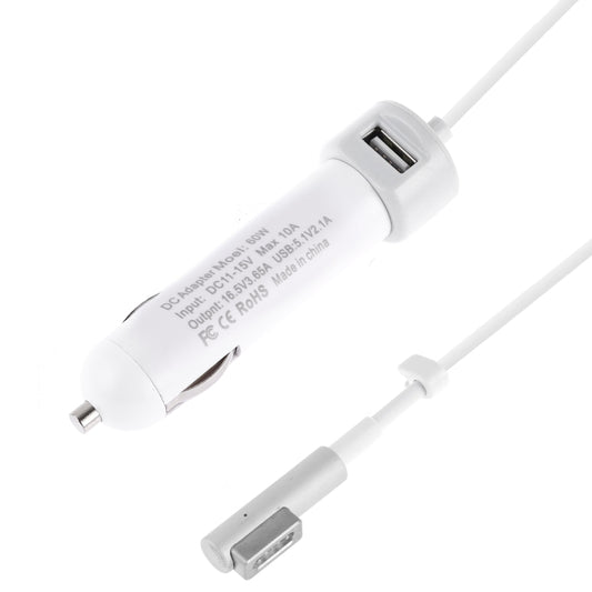 60W 5.1V 2.1A USB Interface Car Charger with 16.5V 3.65A L MagSafe Interface Data Cable(White) - Car Charger by buy2fix | Online Shopping UK | buy2fix