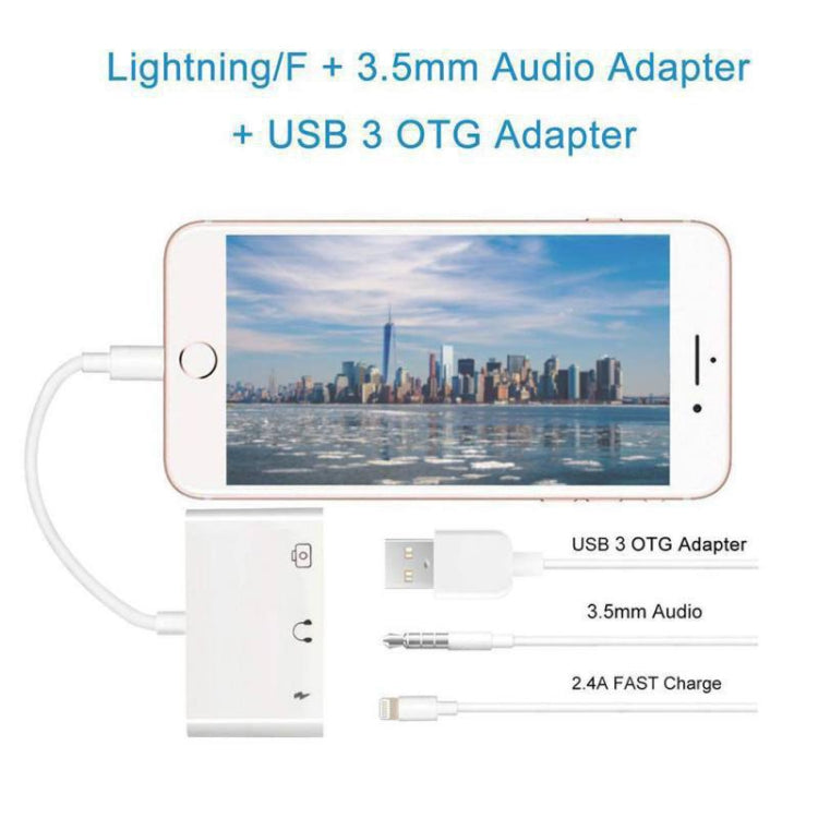 3 in 1 Multi-function 8 Pin + 3.5mm + USB 3.0 OTG to 8 Pin Male Fast Charging & Music Audio & Card Reading Adapter (White) by buy2fix