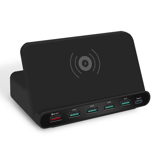 828W 7 in 1 60W QC 3.0 USB Interface + 4 USB Ports + USB-C / Type-C Interface + Wireless Charging Multi-function Charger with Mobile Phone Holder Function, US Plug(Black) by buy2fix