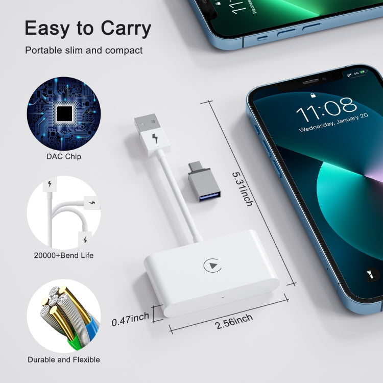 USB + USB-C / Type-C Wired to Wireless Carplay Adapter for iPhone(White) by buy2fix