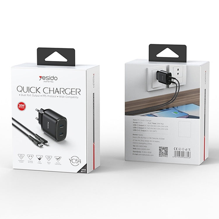 Yesido YC54 Dual USB-C / Type-C Travel Charger with 1m USB-C / Type-C to 8 Pin Cable, EU Plug (Black) by Yesido