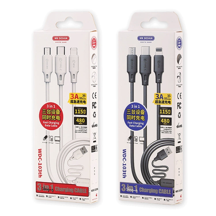 WK WDC-103 3A 3 In 1 8 Pin + Micro USB + Type-C / USB-C Fullspeed Pro Charging Data Cable, Length: 1.15m (White) - Multifunction Cable by WK | Online Shopping UK | buy2fix