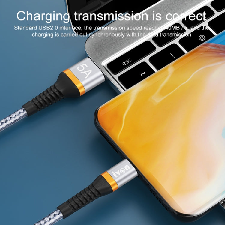IVON CA79 5A Type-C / USB-C Aluminum Alloy Braided Fast Charging Data Cable for Huawei, Length: 1m (Silver Grey) - USB-C & Type-C Cable by IVON | Online Shopping UK | buy2fix