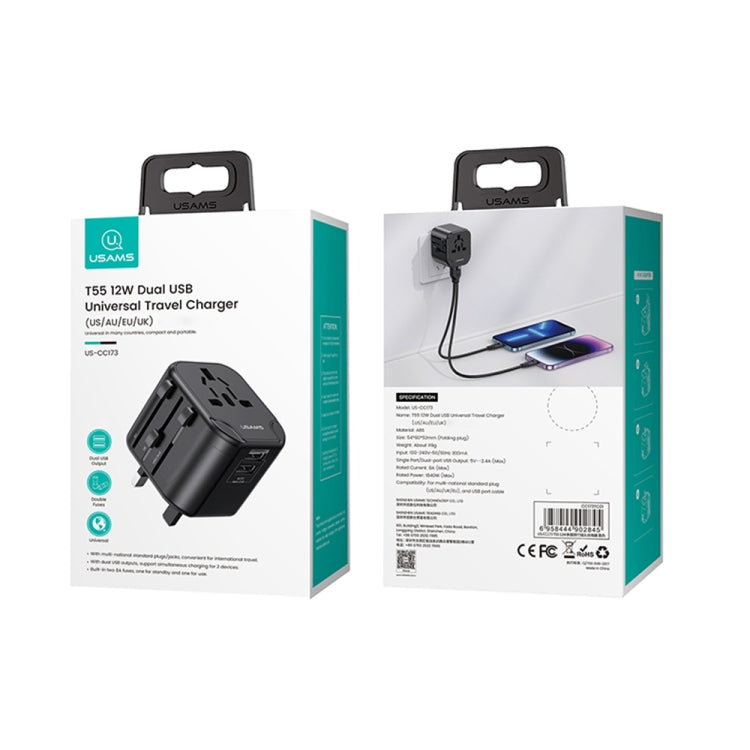 USAMS US-CC173 T55 12W Universal Multi Plug Travel Charger(Black) - Plug Adaptor by USAMS | Online Shopping UK | buy2fix