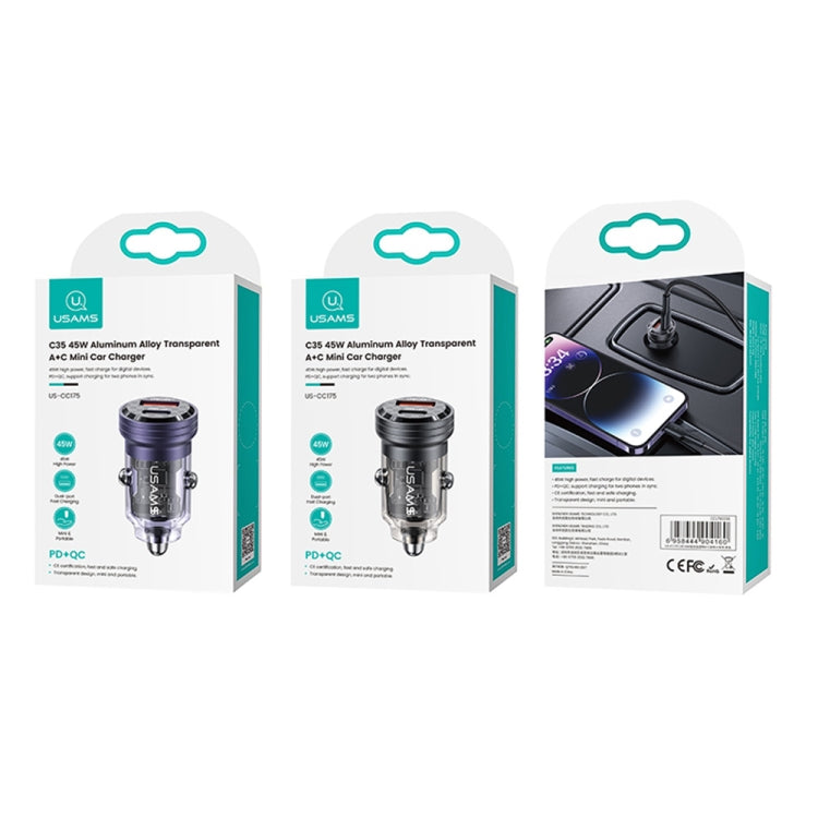 USAMS US-CC175 C35 45W Aluminum Alloy Transparent Dual USB Port Mini Car Charger (Black) by USAMS