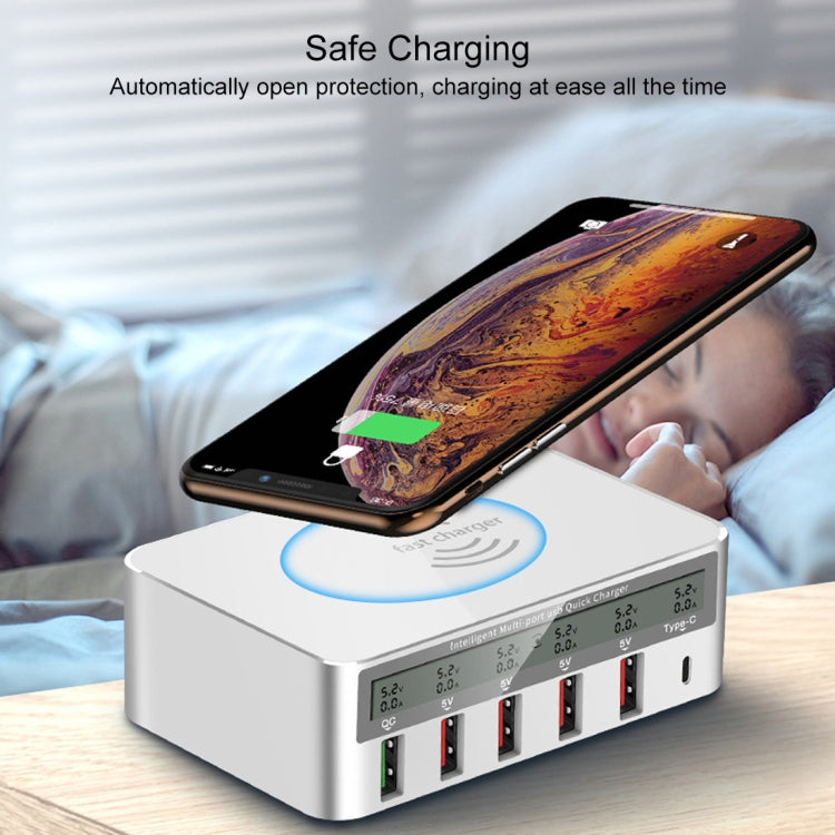 WLX-818F 6 in 1 10W QC3.0 Wireless Charging + USB-C / Type-C + 4 USB Ports Charger with Smart LCD Display Screen, EU / AU Plug by buy2fix