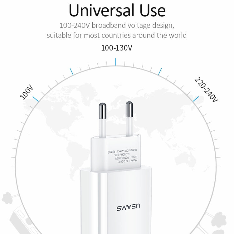 USAMS US-CC075 T18 2.1A Single USB Travel Charger, EU Plug (White) - USB Charger by USAMS | Online Shopping UK | buy2fix
