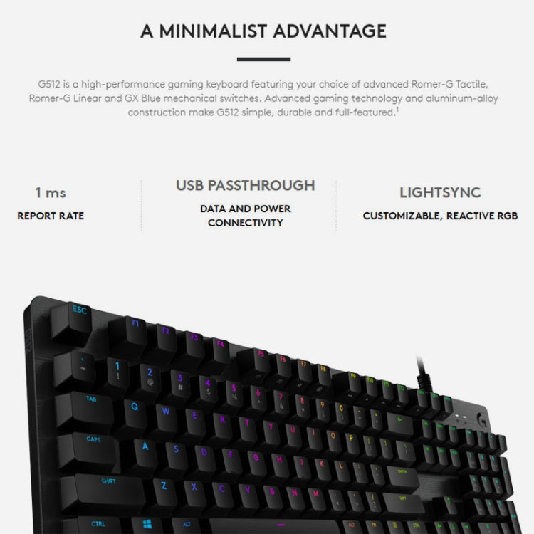 Logitech G512 RGB C-axis Mechanical Wired Gaming Keyboard, Length: 1.8m (Black) by Logitech