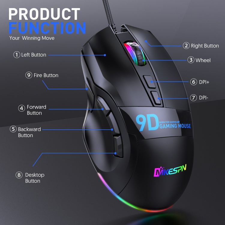 MKESPN X10 9-Buttons RGB Wired Macro Definition Gaming Mouse by MKESPN