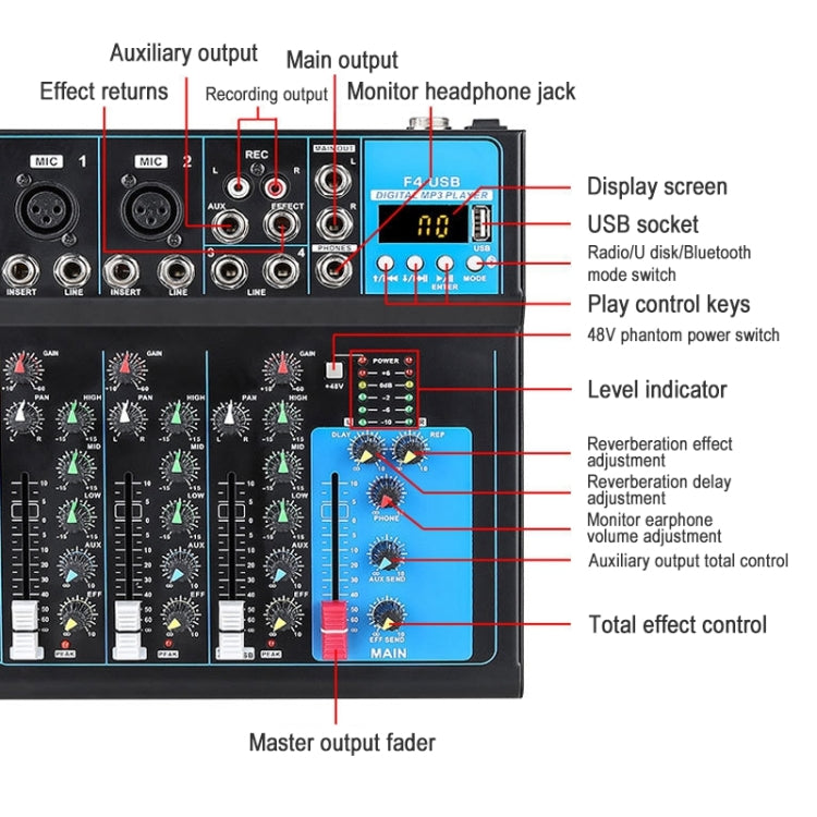 F4 Home 4-channel Bluetooth USB Reverb Mixer, EU Plug (Black) - Live Sound Effects Processors by buy2fix | Online Shopping UK | buy2fix