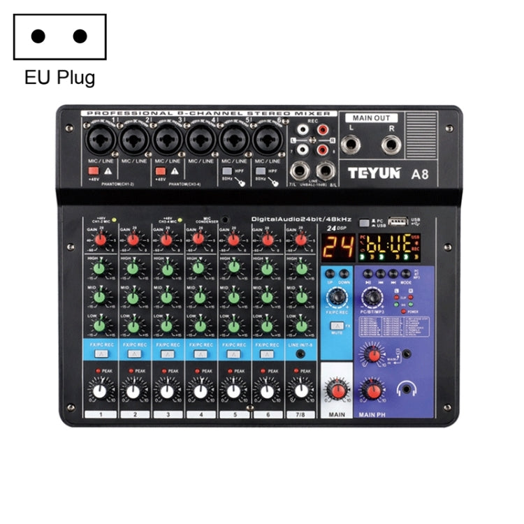 TEYUN NA8 8-channel Small Mixing Console Mobile Phone Sound Card Live Broadcast Computer Recording Console Processor, EU Plug(Black) - Live Sound Effects Processors by TEYUN | Online Shopping UK | buy2fix