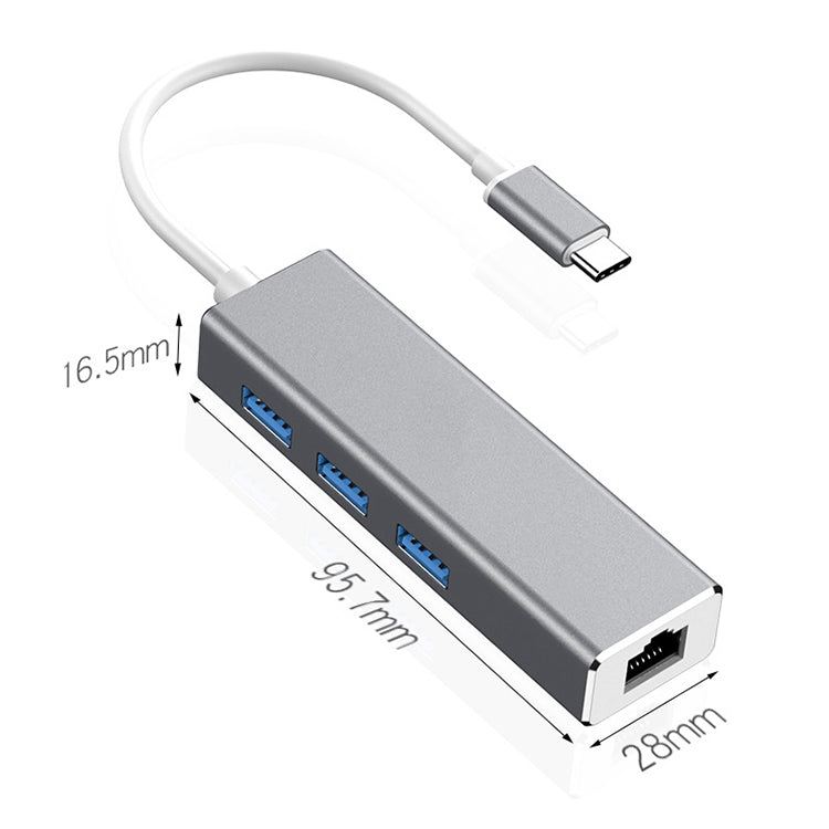 USB-C / Type-C to Gigabit Ethernet RJ45 & 3 x USB 3.0 Adapter Converter HUB, Computer External Tablet Phone Universal(Grey) - USB HUB by buy2fix | Online Shopping UK | buy2fix