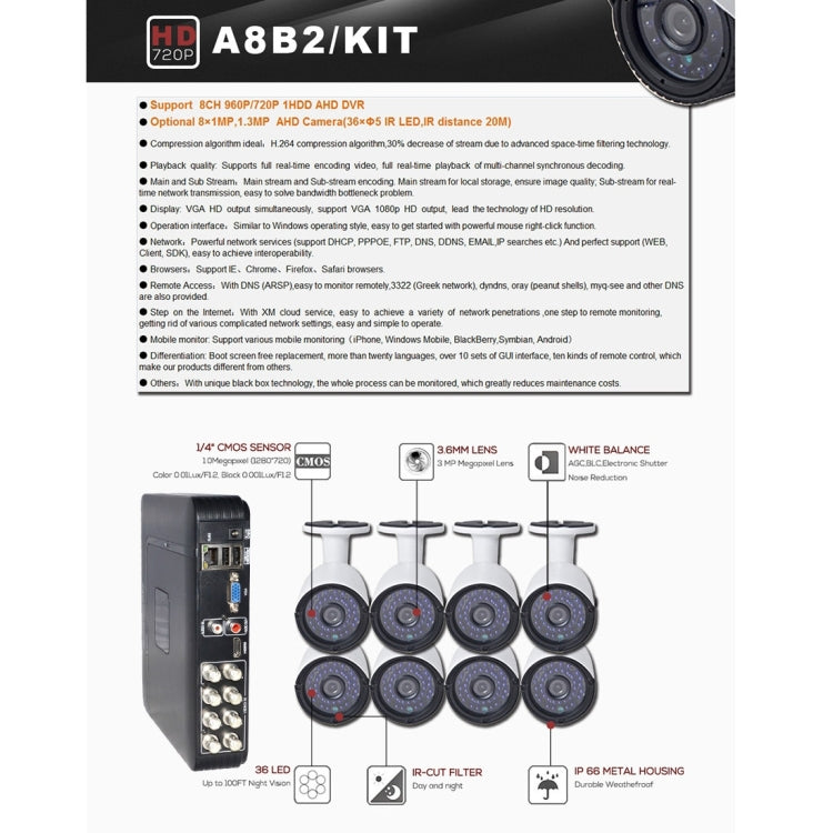 A8B2 8Ch Bullet IP Camera NVR Kit, Support Night Vision / Motion Detection, IR Distance: 20m - Video Recorder Kit by buy2fix | Online Shopping UK | buy2fix