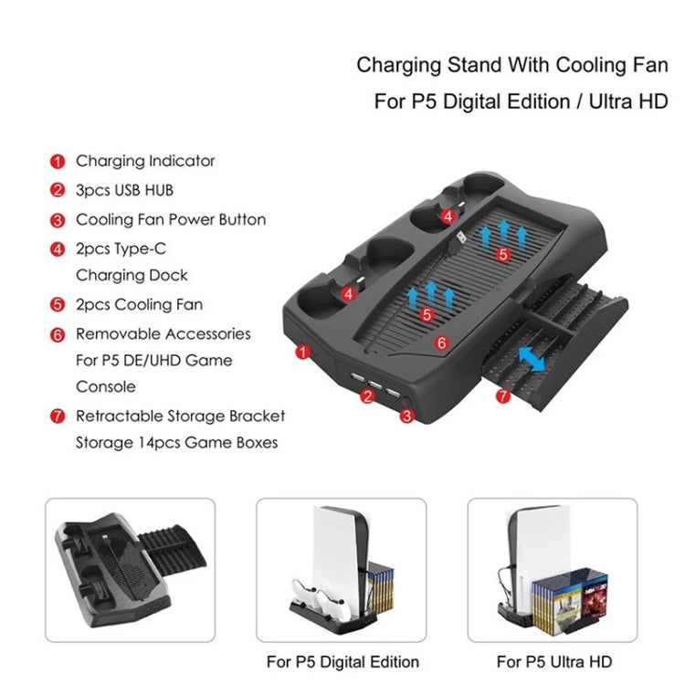 KJH P5-010-2 Multi-function Charging Cooling Fan Base with Storage Tray Bracket For PS5 De / UHD - Charger & Power by buy2fix | Online Shopping UK | buy2fix