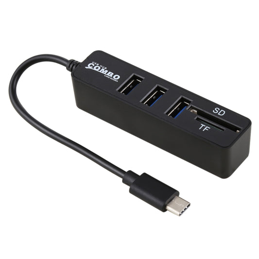 2 in 1 TF & SD Card Reader + 3 x USB Ports to USB-C / Type-C HUB Converter, Total Length: 24cm(Black) by buy2fix